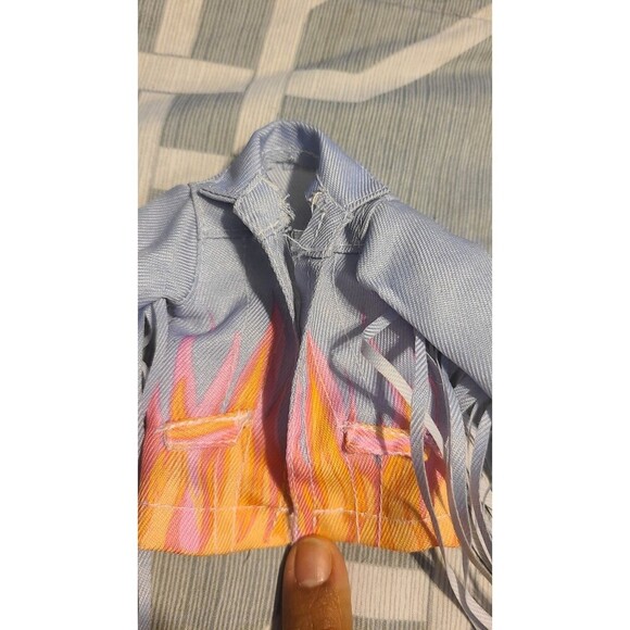Barbie Clothes Lt. Blue DENIM FRINGED JACKET with Pink & Lt. Orange Flames - Picture 1 of 5